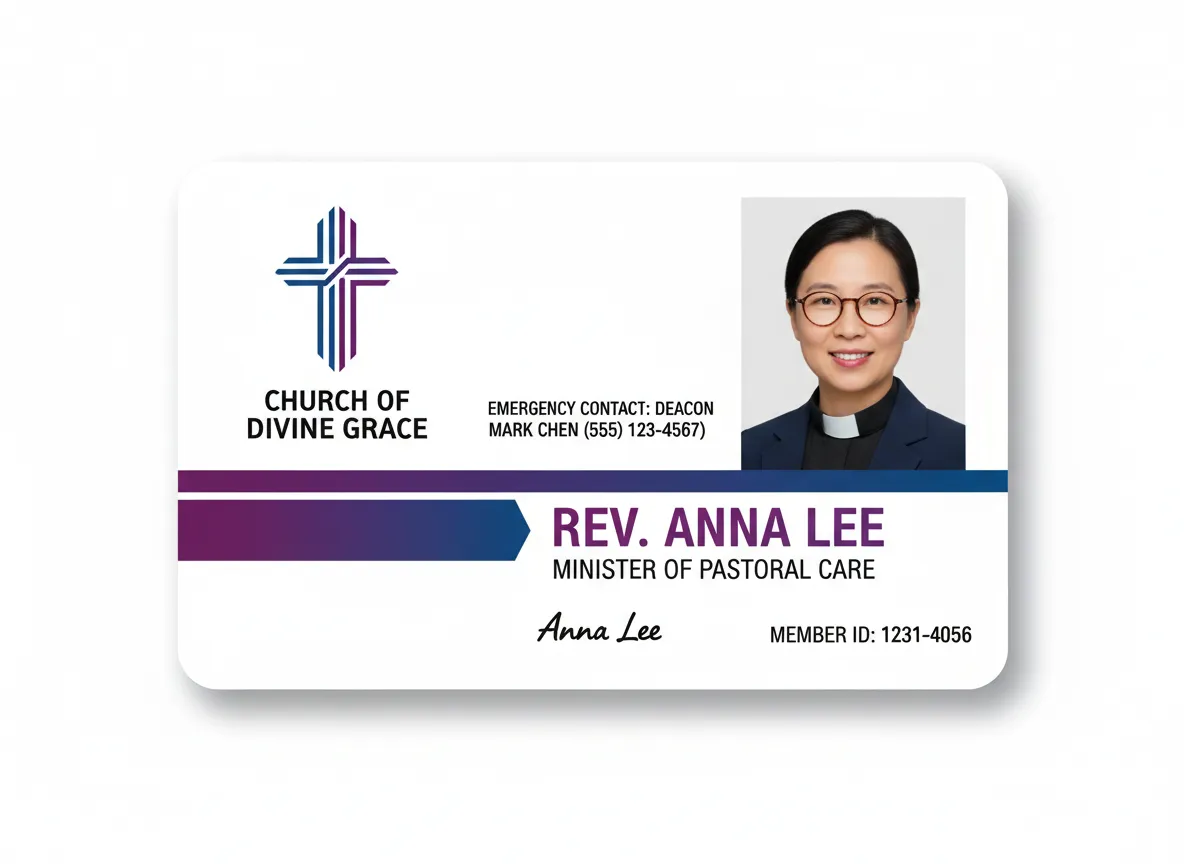Church personnel ID card featuring minimalistic design, with gradient purple and blue color bars, cross, photo, handful of data points and signature.