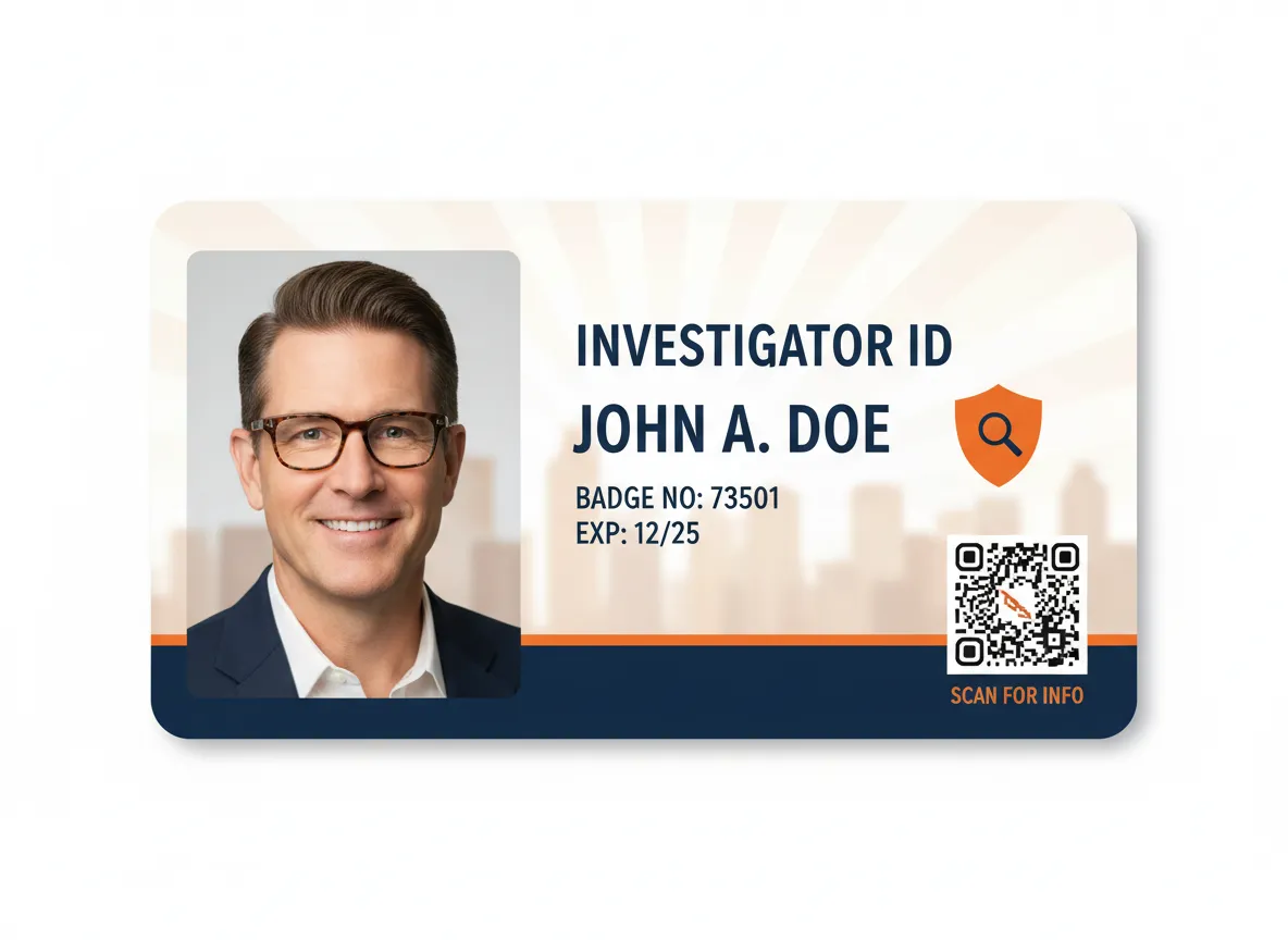 Classic design, horizontal, multi-color design, custom ID badge for an investigator, displaying a photo, QR code, shield, various data.