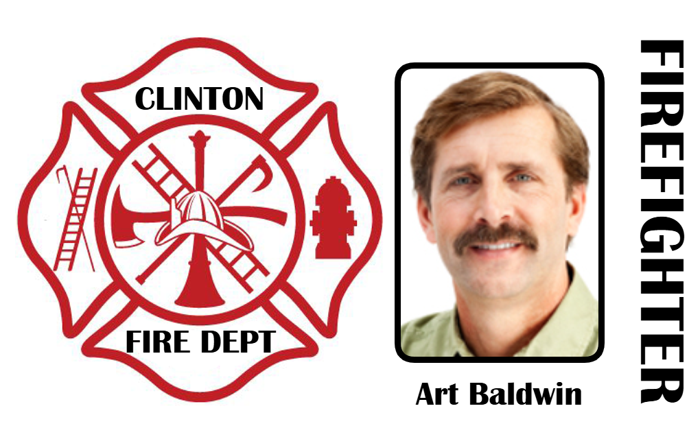 Template ID badge featuring the Clinton Fire Dept logo beside a portrait of a man with light brown hair and mustache, "Firefighter" label on the side; waterproof, durable PVC option