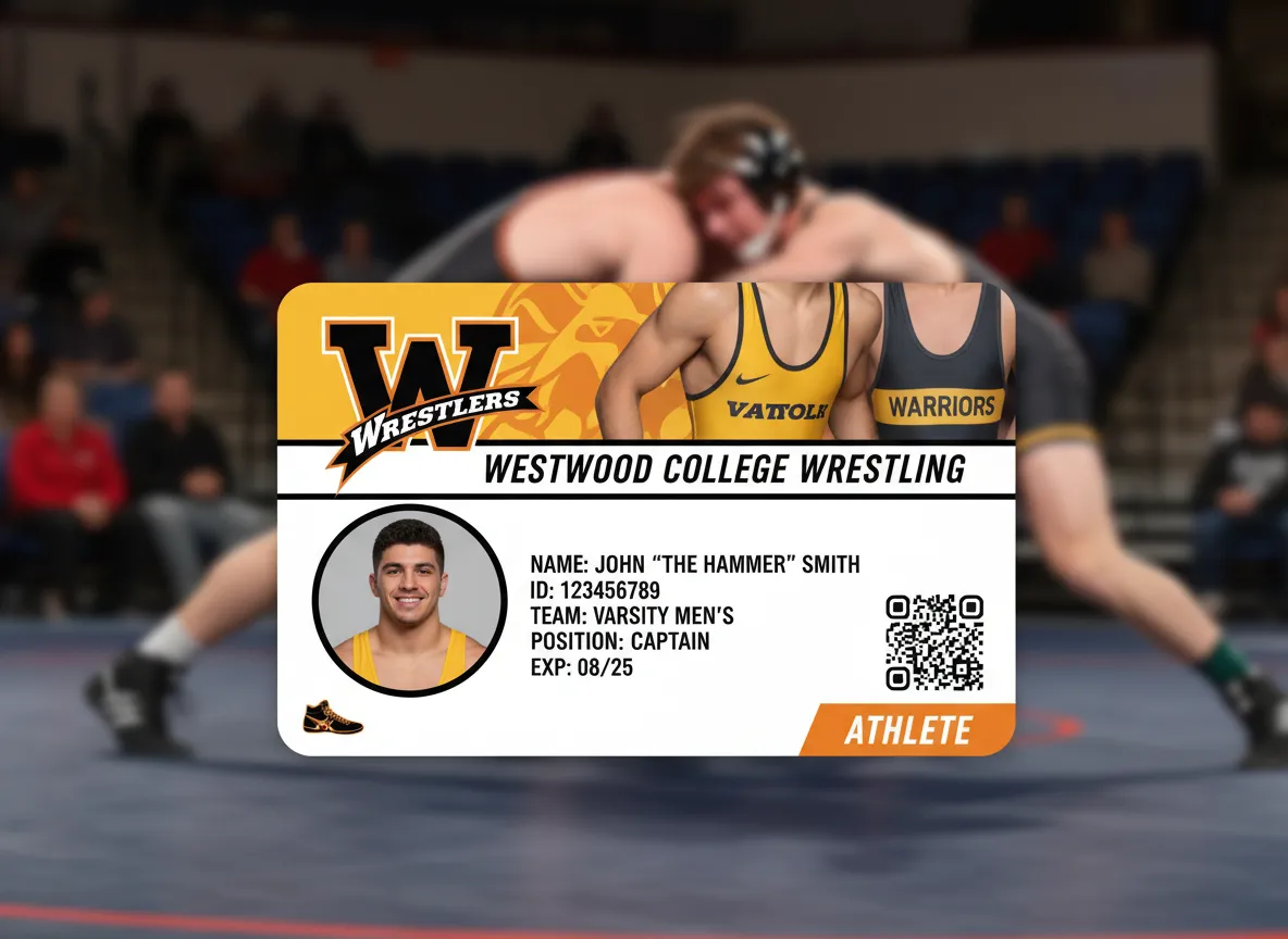 College athlete ID card, with large header, showing team logo and uniforms, member's photo underneath, personalized data and QR code on the side.
