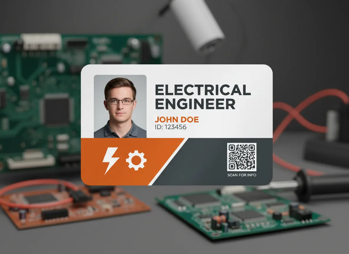 Company ID badge for an electrical engineer featuring modern design with bolt, sprocket icons, and scannable QR code for employment verification.
