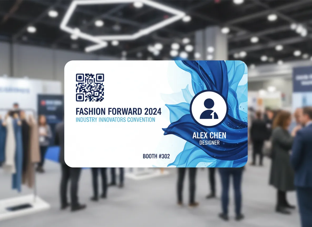 Conference pass ID badge, displaying vail like material image in blue shades, along with text labels matching the color scheme, photo, and QR code.