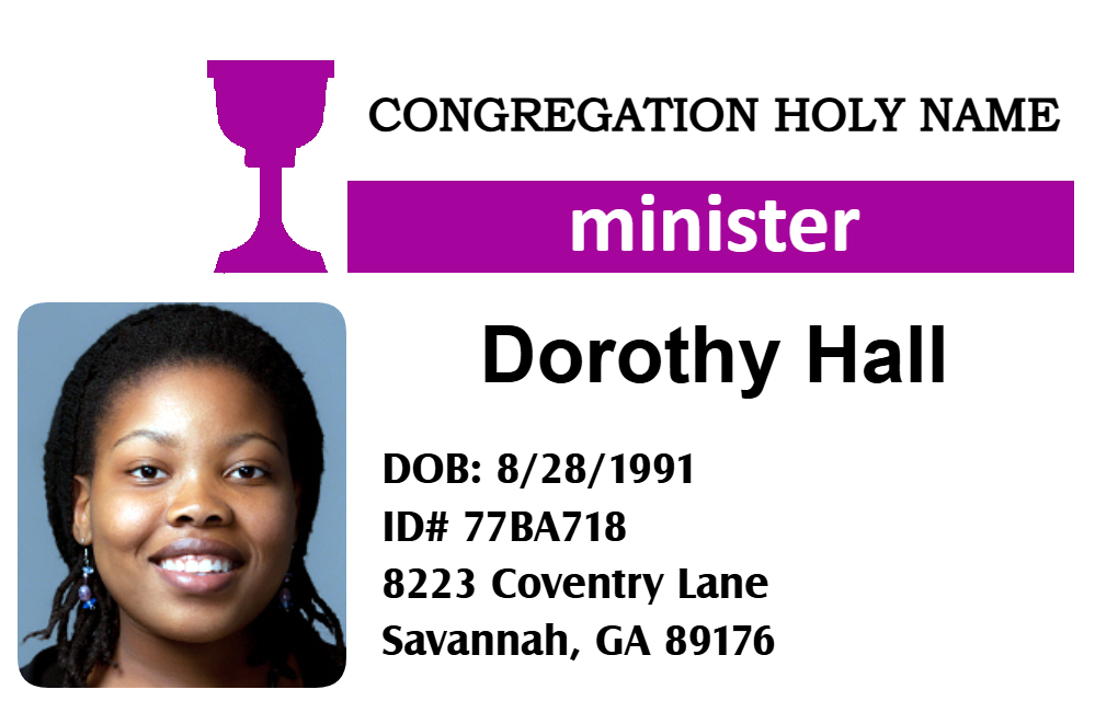 Template for ID badge: Congregation Holy Name minister, featuring photo, white and purple background, address, date of birth, ID number. Durable PVC, 40mil thick option, waterproof