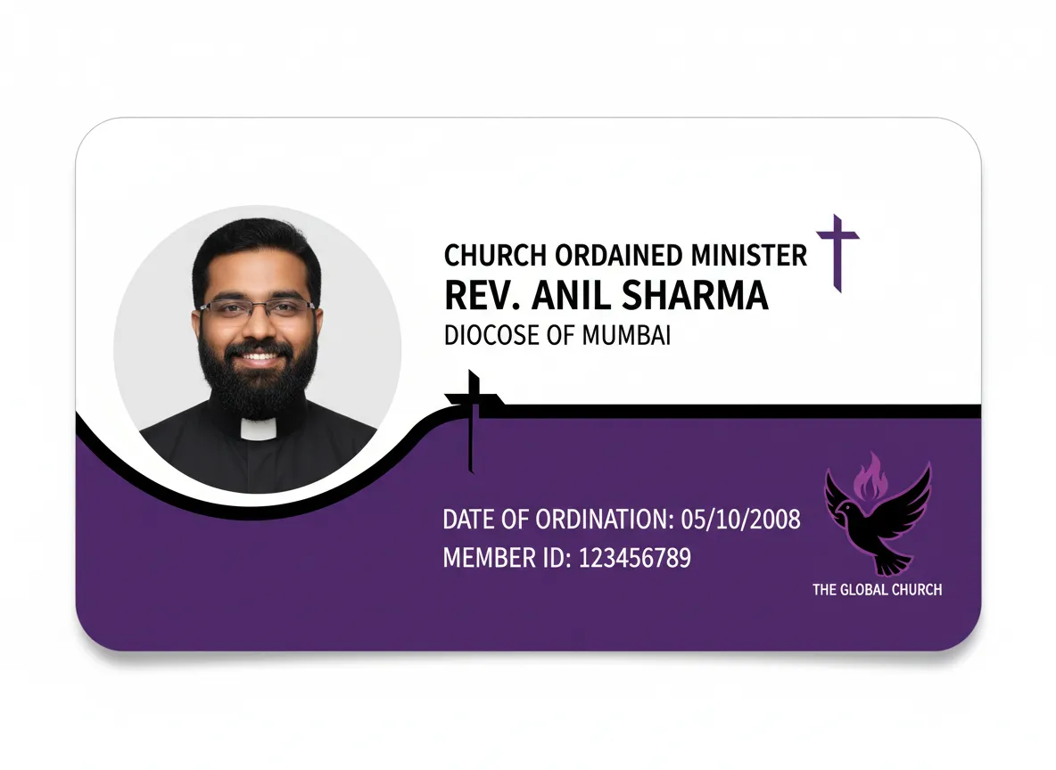 Conservative design, purple, black and white theme photo ID card for a church ordained minister, displaying cross, dove and various information.