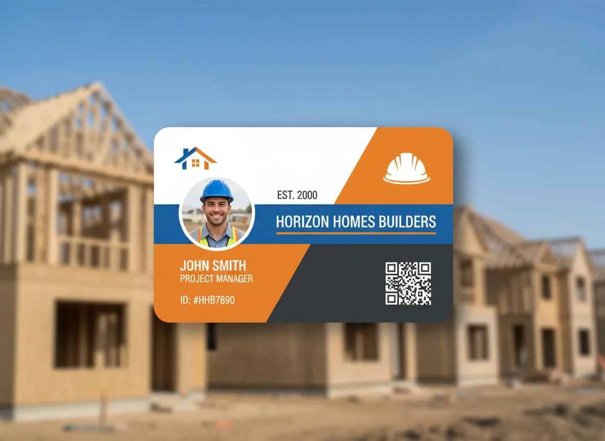 Construction company ID card, featuring diagonal color panels pattern background, home and hard hat icons, photo, company and person names, QR code.