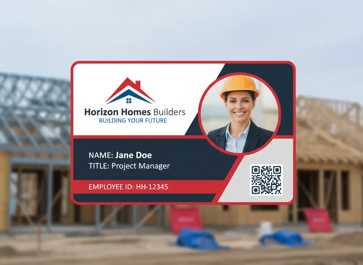 Construction company ID card featuring navy, red and white color panels in a diagonal pattern, QR code, photo, name and title.