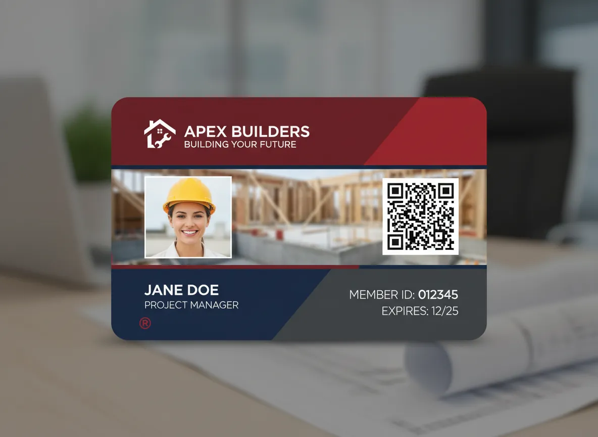 Construction company ID card, with large color bars header and footer, and wood framing photo in the middle section, displaying photo and QR code.