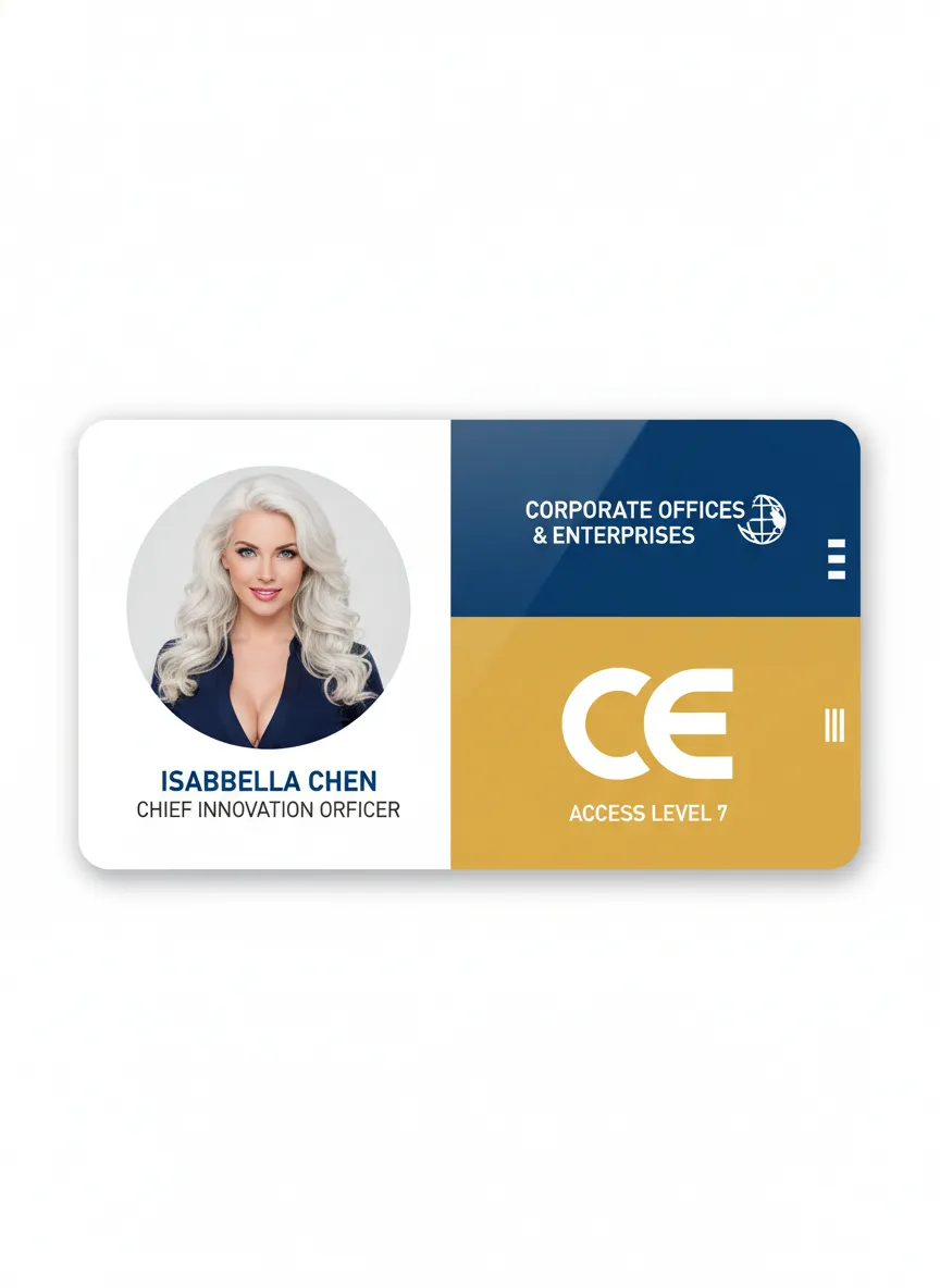 Corporate photo ID card, featuring three color bars layout, white, navy blue and panels, black and white text labels, NFC option.