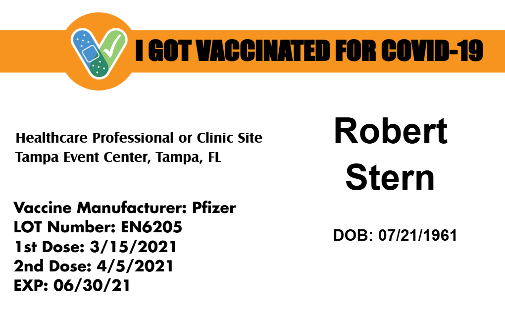 Template COVID-19 vaccine id card or id badge, Pfizer doses on 3/15/2021 and 4/5/2021, expiration 6/30/21, durable PVC, waterproof, clear overlay option
