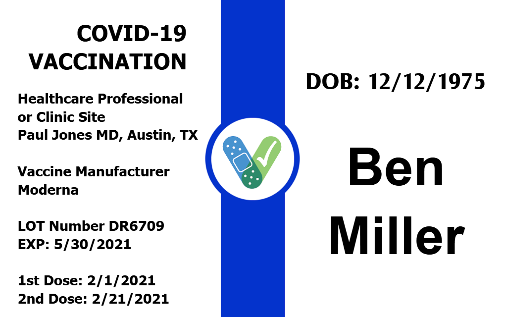 Template ID card for COVID-19 vaccinations showing two Moderna doses, provider details, lot number, expiration date; durable PVC, 40mil thick option, waterproof