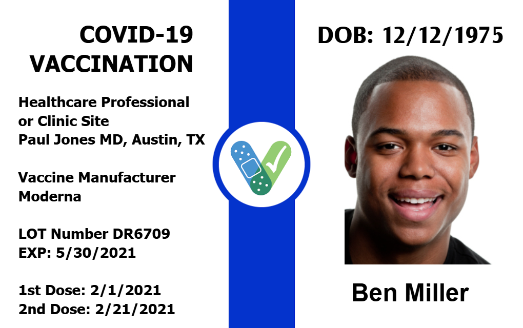 Template COVID-19 vaccine ID card featuring photo, birthdate, vaccine details, lot numbers, dose dates; blue and white design with vaccine icon. Waterproof & wear resistant