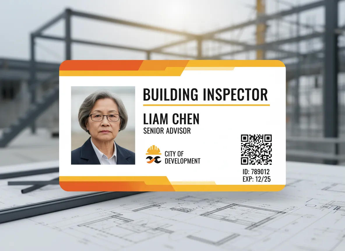 Custom ID badge for a construction industry, displaying safety colors header and footer, person's photo, name, title, serial number, and expiration.