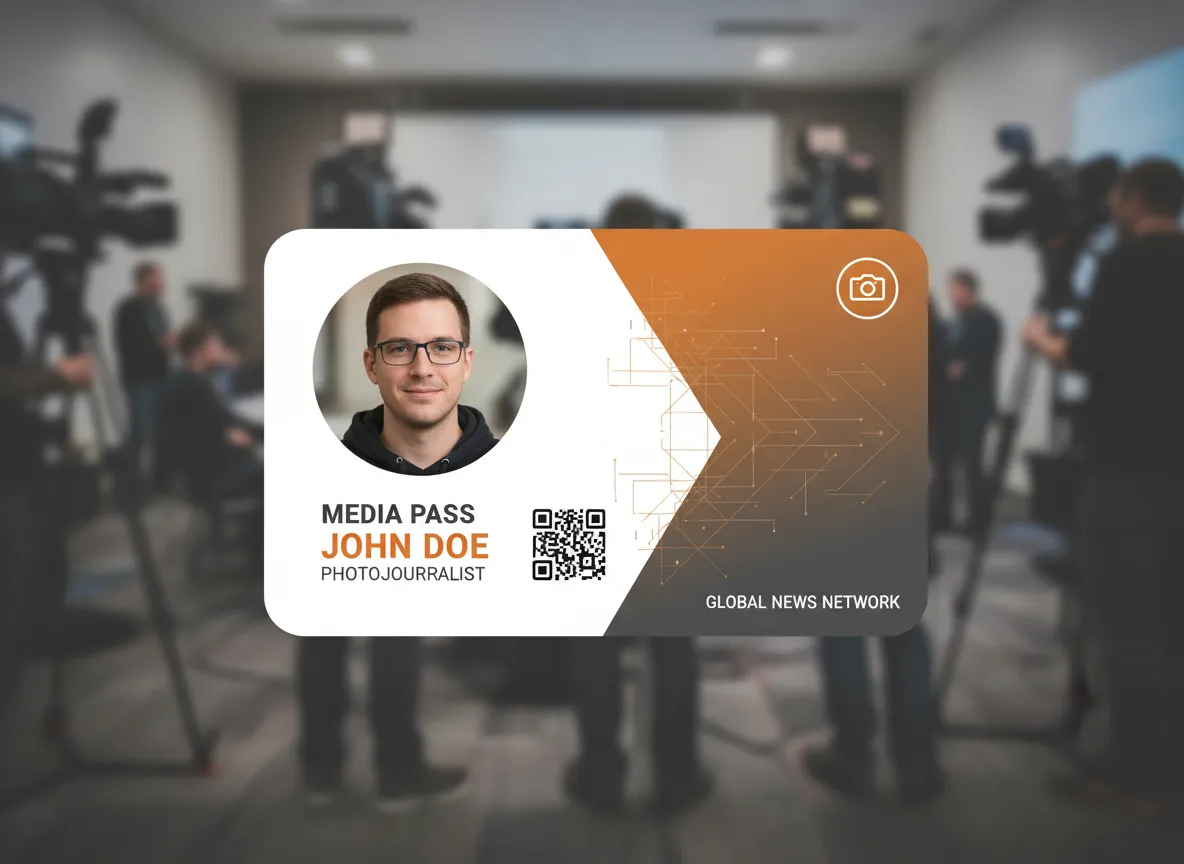 Custom ID badge for a press photographer, featuring a modern design, blending white, orange and grey colors with electrical circuits and QR code.