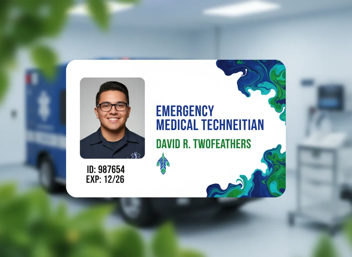 Custom ID badge for EMT personnel, displaying blue and green shades flow abstract image, rounded corners rectangular photo, and text labels.