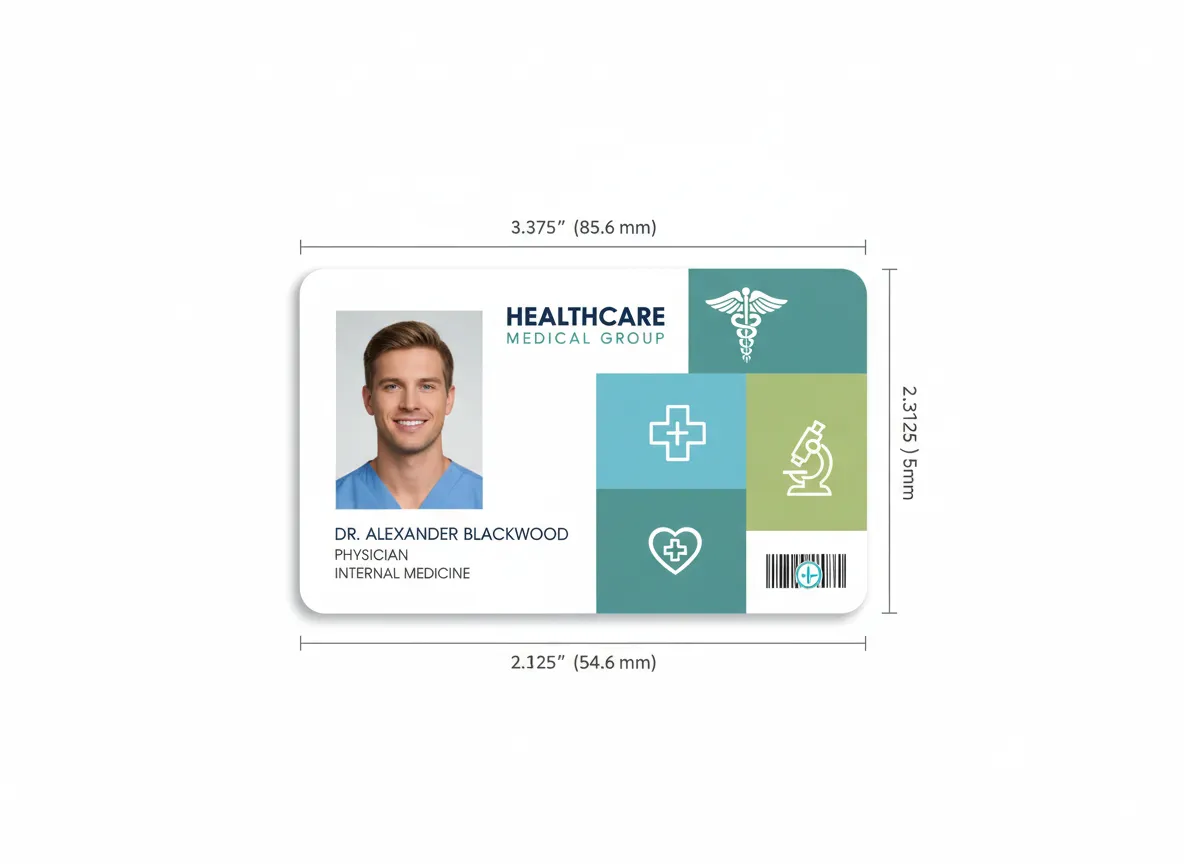 Custom ID badge for medical industry, displaying blue and green shades tiles with contextual icons, along with person's photo, name, and department.