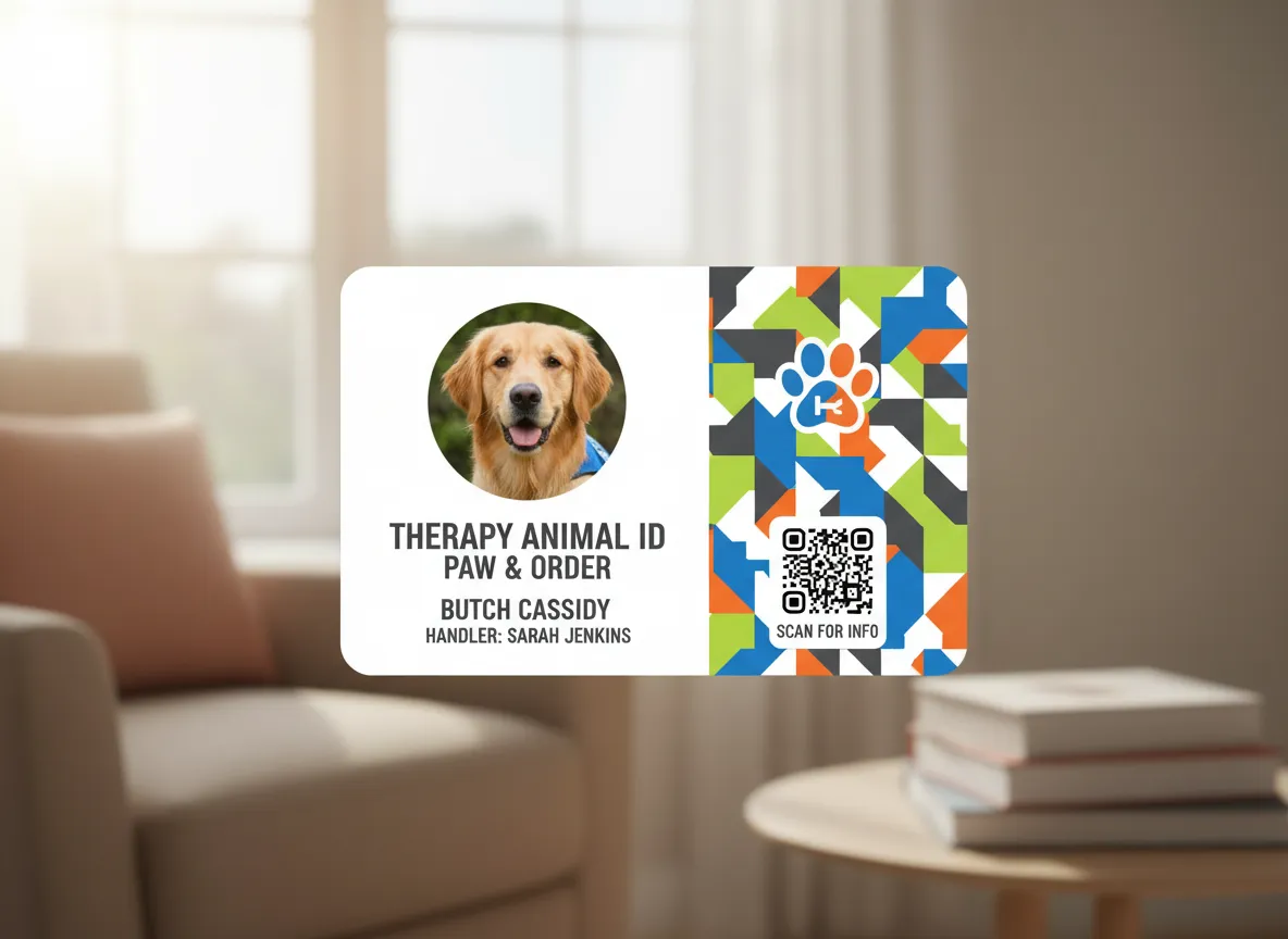 Custom ID card for a therapy animal with highly esthetic colorful background with blended paw image and QR code for accelerated data access.