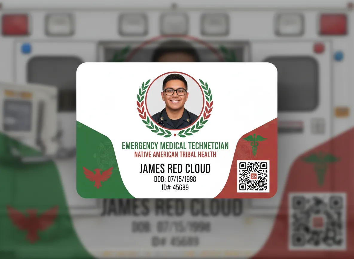 Custom ID card for an EMT, featuring symmetrical design, with red and green color panels in the corners and photo in the center.