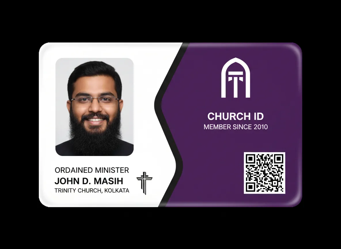 Custom ID card for an ordained minister, featuring purple and white background, photograph, church name, person's data and QR code.