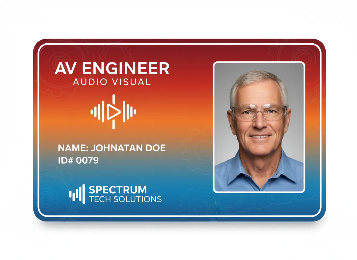 Custom ID card for AV engineer featuring flowing gradient, red, yellow and blue design, with photo, names, title and other data in white text labels.