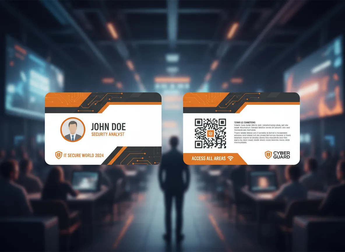 Custom ID card for digital industry employee, featuring orange, grey header and footer, with circuit lines, round photo, and large QR code.