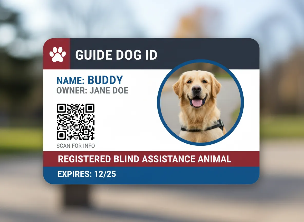 Custom identification badge for a guide dog, with circle photo space, red, grey and blue color bars with high contrast text labels and QR code.