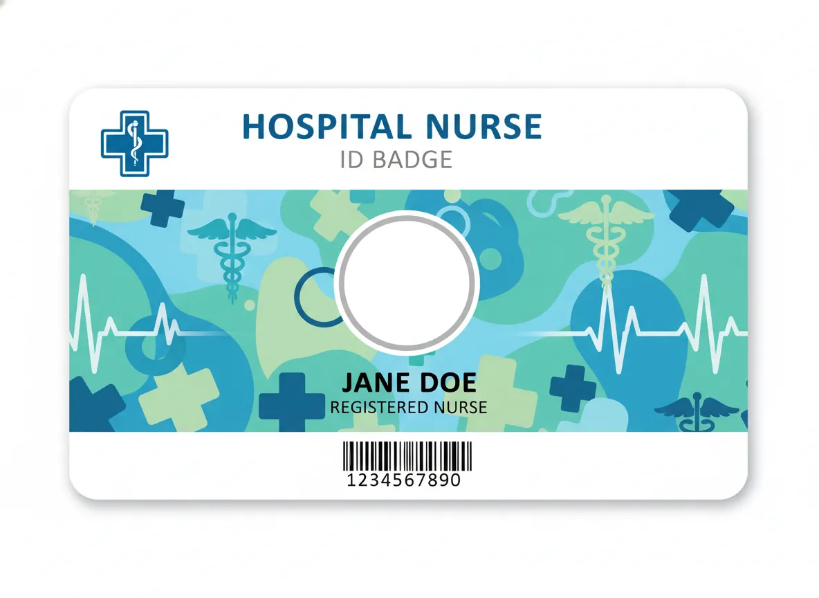 Custom identification badge for a hospital nurse, featuring medical symbols abstract background, rounded photo, name, title and barcode.