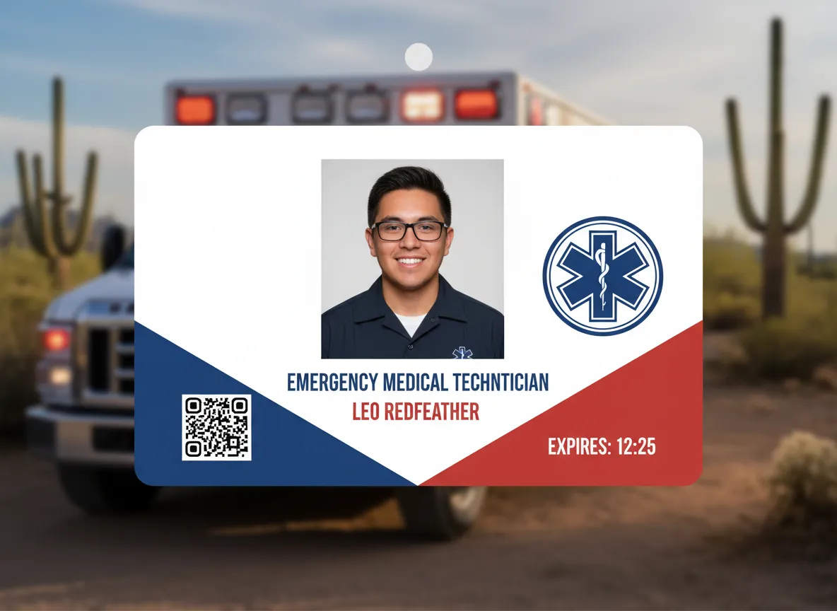 Custom photo ID card for EMT responder, featuring symmetrical design, red and blue triangle color panels, and matching text labels containing data.