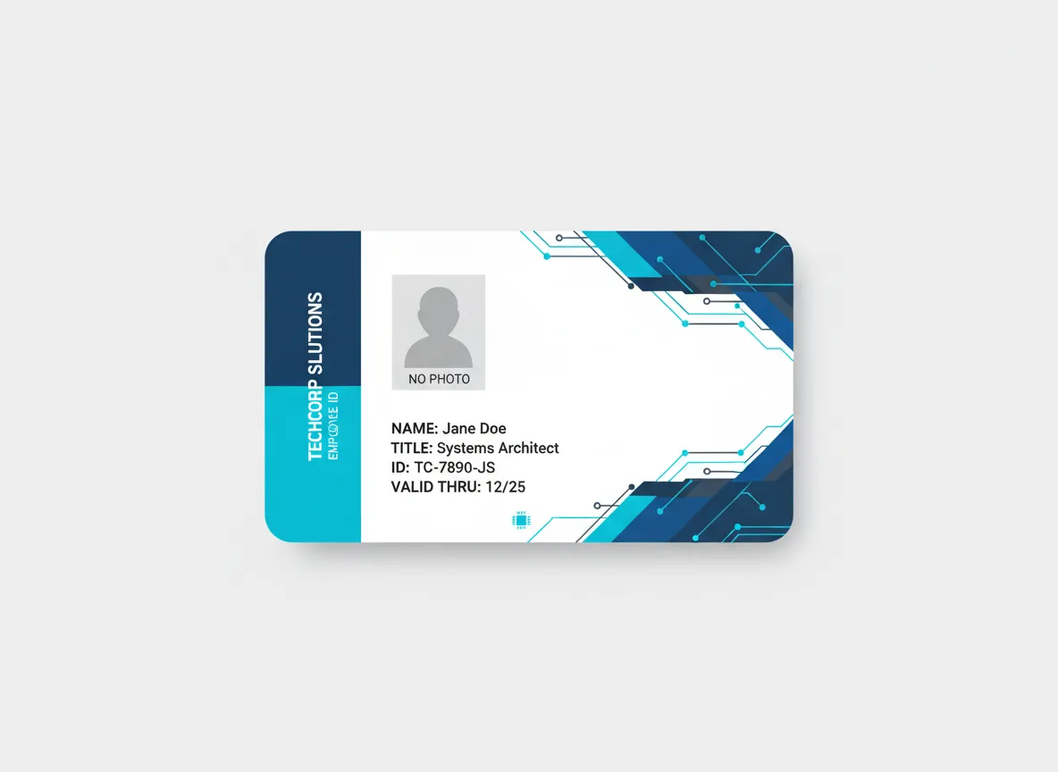 D-shape design, advanced technology sector, custom ID card, showing person's photo, various personal and professional data in black text labels.