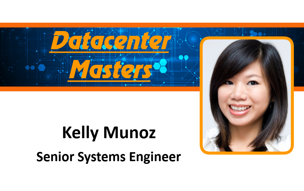 Datacenter Masters ID card template featuring a smiling individual, tech-blue background, and professional title. Options: durable PVC, wear resistant, added security holographic overlay