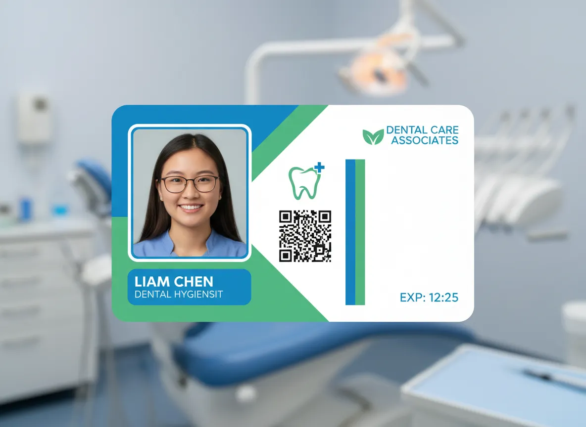 Dental office employee ID card, featuring blue and green color sections, displaying photo, name, position, practice details and QR code.