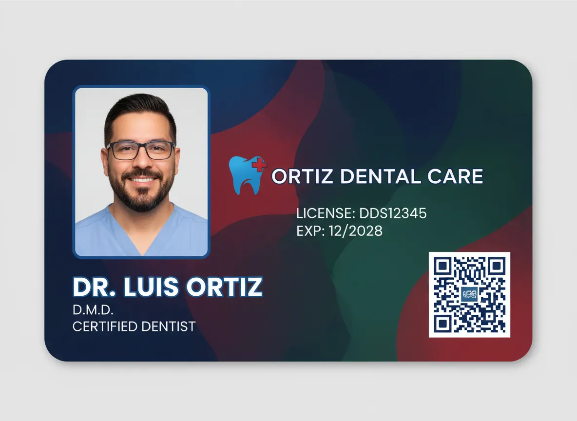 Dental practice custom ID card, with wavy, multicolor background, QR code and RFID chip for the facility access and attendance control.