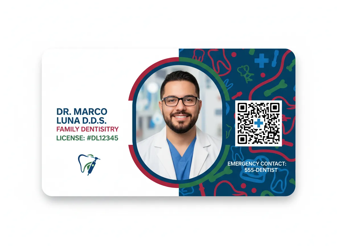 Dentistry medical office employee ID badge, featuring symmetrical design with abstract colors panel on the right, white space on the left, and photo.