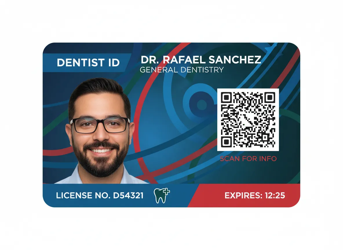 Dentistry professional identification badge, with full color background, photo, name, license number, expiration date and a QR code.