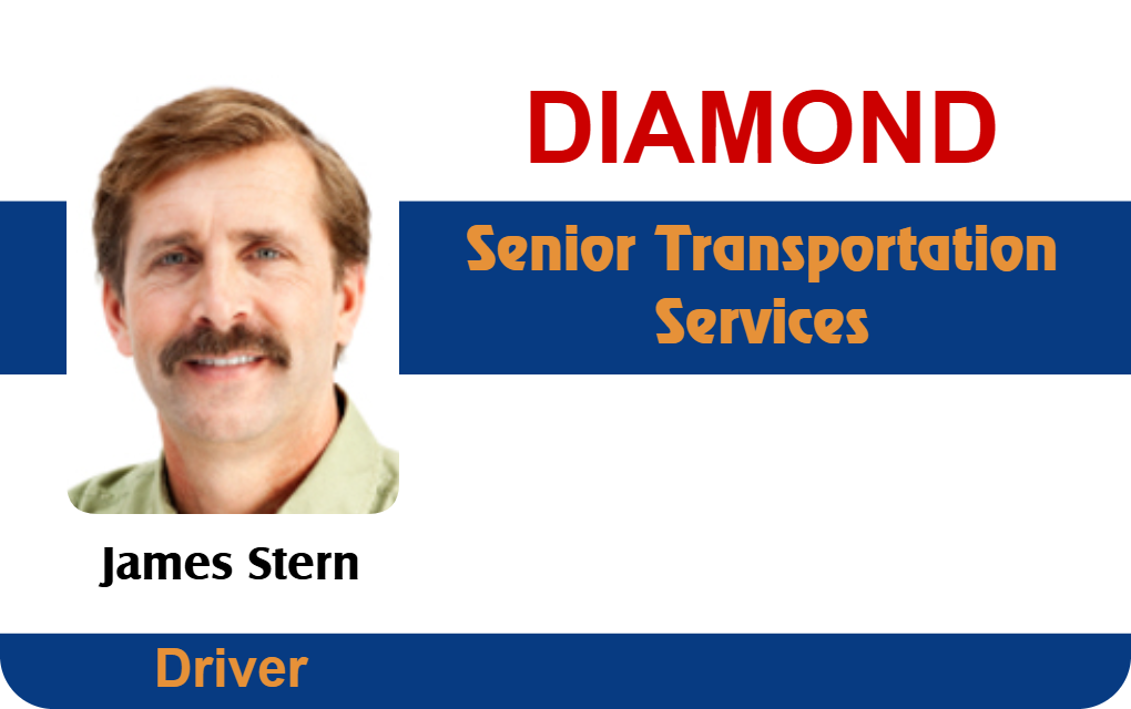Template ID badge for Diamond Senior Transportation Services featuring a man with brown hair and mustache, labeled Driver, blue and gold text, waterproof, 40mil thick option
