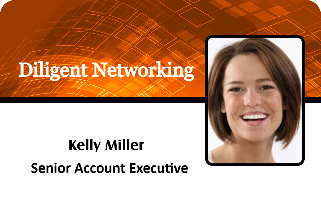 Template ID badge with Diligent Networking at the top, image of a smiling woman, and title Senior Account Executive on white background; durable PVC, waterproof, 40mil thick option