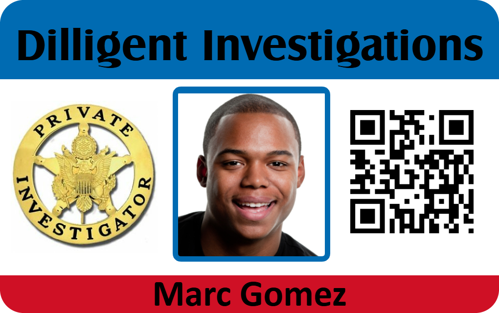 Template for ID card: Dilligent Investigations durable PVC ID badge, gold private investigator badge, photo of smiling man, QR code, clear overlay option