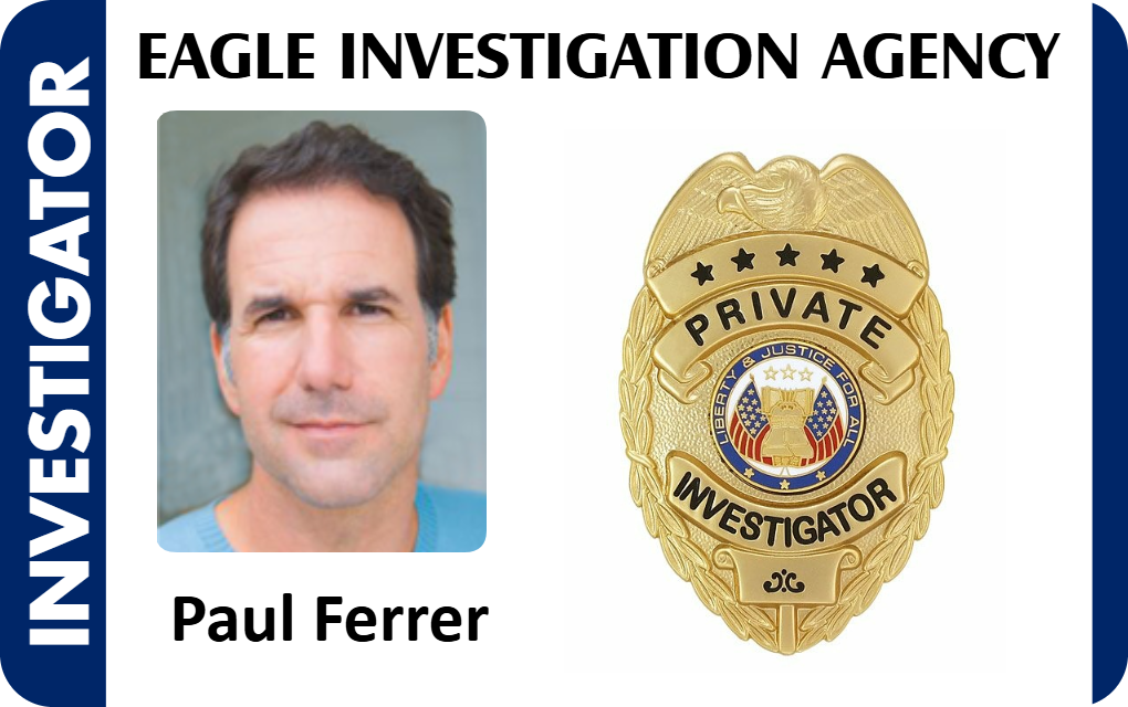 Template ID card for Eagle Investigation Agency with a man’s photo, gold investigator badge, INVESTIGATOR text; waterproof durable PVC with clear overlay option