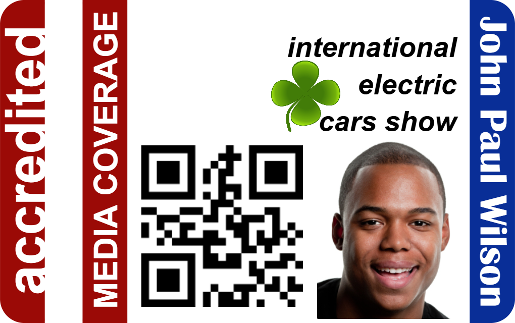 Template media id badge for the International Electric Cars Show featuring a QR code, a smiling person’s headshot, clear overlay option, and wear resistant 40mil thick PVC