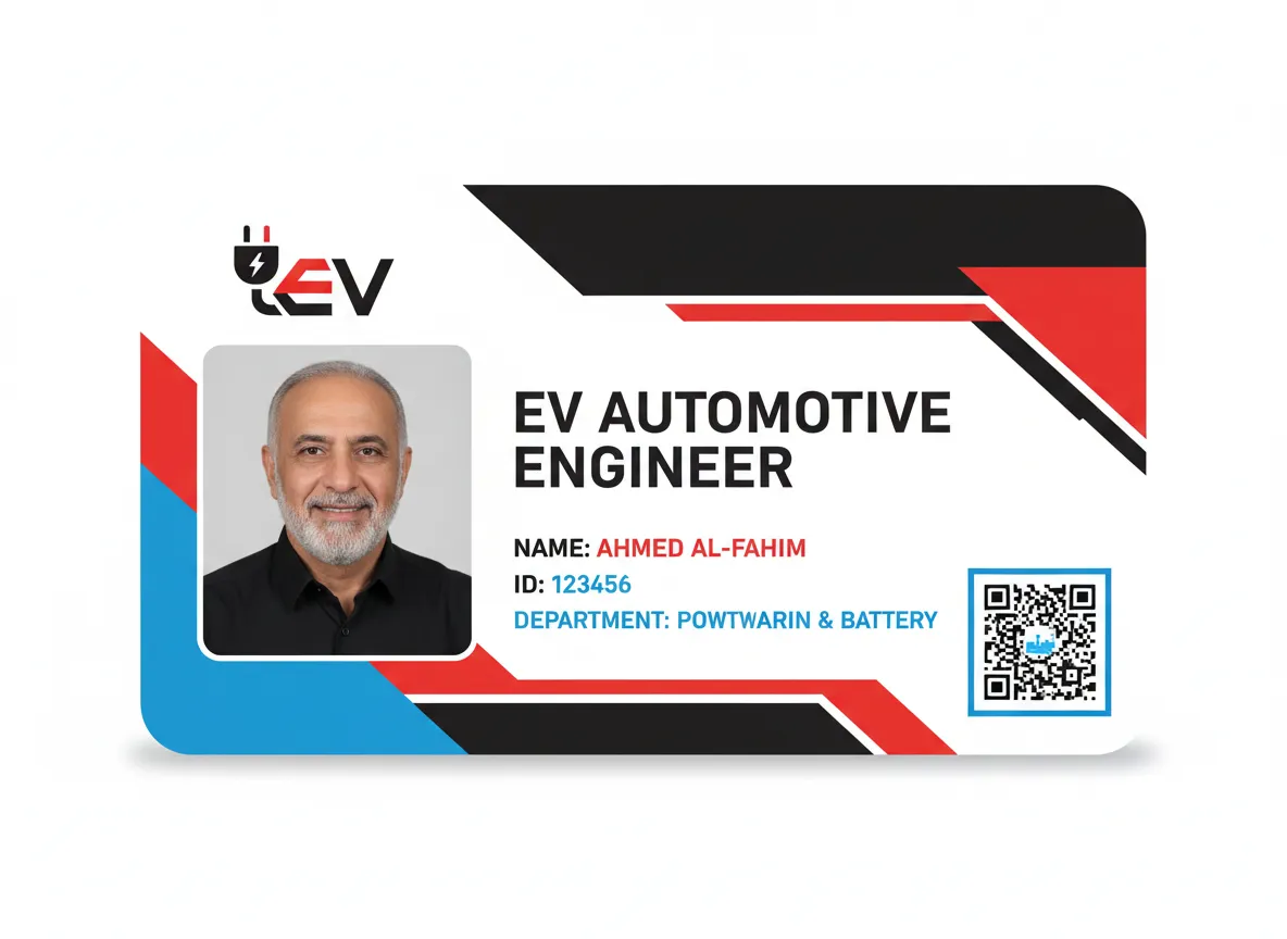 Electric motor vehicle, engineer custom ID card, featuring straight lines color shapes layout, logo, photo, name, title, department and QR code.