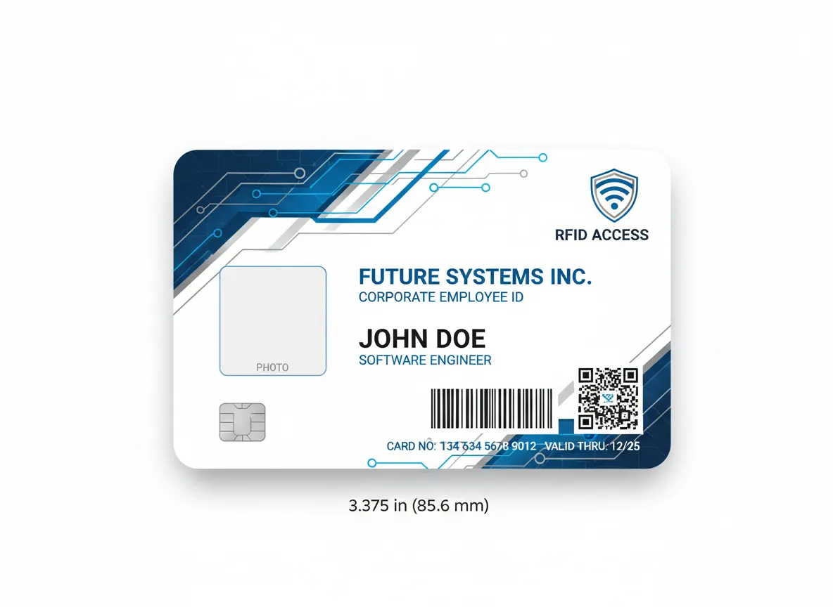 Electronic sector employee ID card, featuring circuit lines blending into blue and grey shade elements, showing RFID access icon, photo, and QR code.