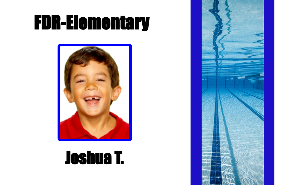 Template ID badge for FDR-Elementary with a young boy smiling, school name at top, swimming pool image on right side, clear overlay option, wear resistant