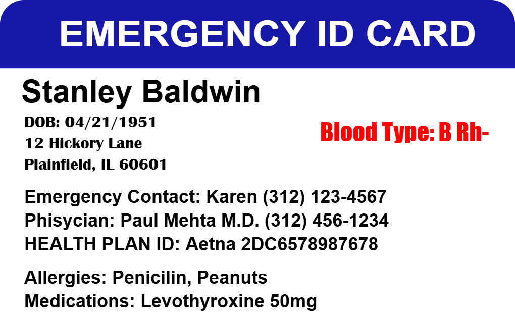 Template emergency ID card or ID badge displays contact info, blood type, emergency contact, physician, health plan ID, allergies, and meds; waterproof 40mil thick PVC option