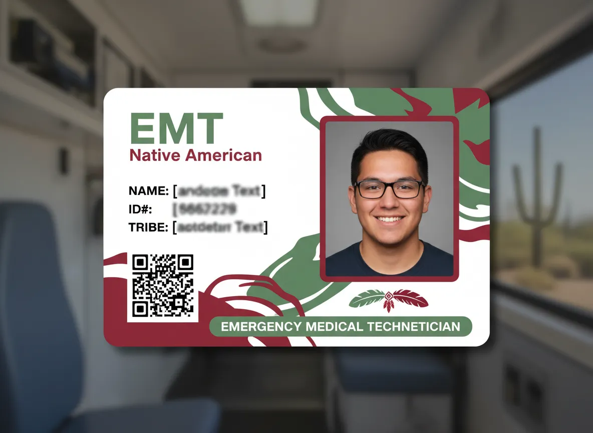 Emergency medical tech ID badge, featuring dark red and green color theme, outlined, rectangular photo, QR code, and personal data text.