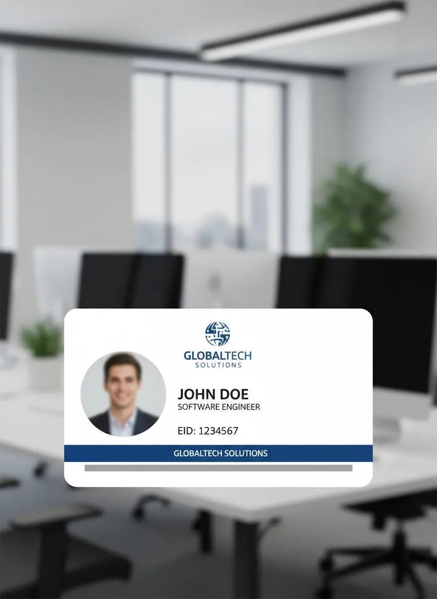 Employee ID badge featuring minimalistic horizontal design with a single color bar, and optional holographic overlay adding extra security layer.