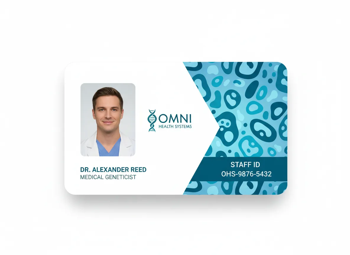 Employee ID badge, with arrow shaped, blue shades, abstract panel on the right, and white space with person's photo and data on the left.