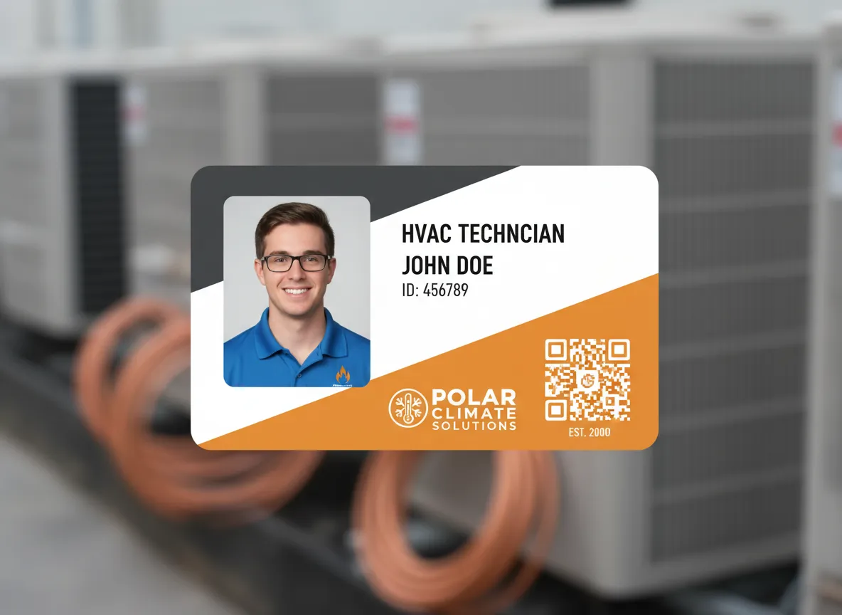 Employee ID card for a service company, showing diagonal color panels with text labels distribution matching the color areas, with photo and QR code.