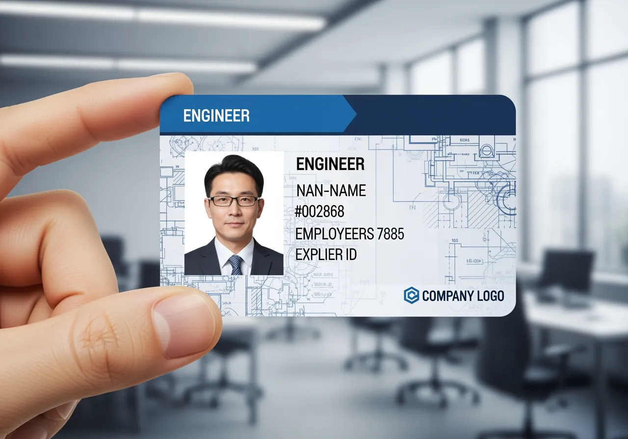 Employee ID card for an engineer with blue shades header, and blended technical drawing background, displaying photo, various personal data, and logo.
