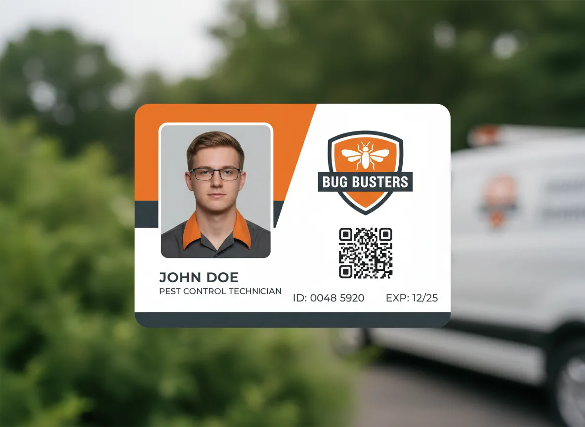 Employee ID card template for pest control company, featuring orange, grey and white design theme, logo, QR code, rectangular photo and crucial data.