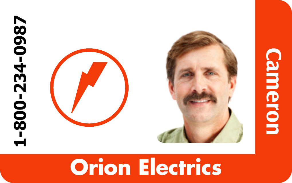 Template ID badge for Orion Electrics features a lightning bolt logo, phone number, and a smiling man. Name displayed on the right. Durable PVC, wear resistant, clear overlay option
