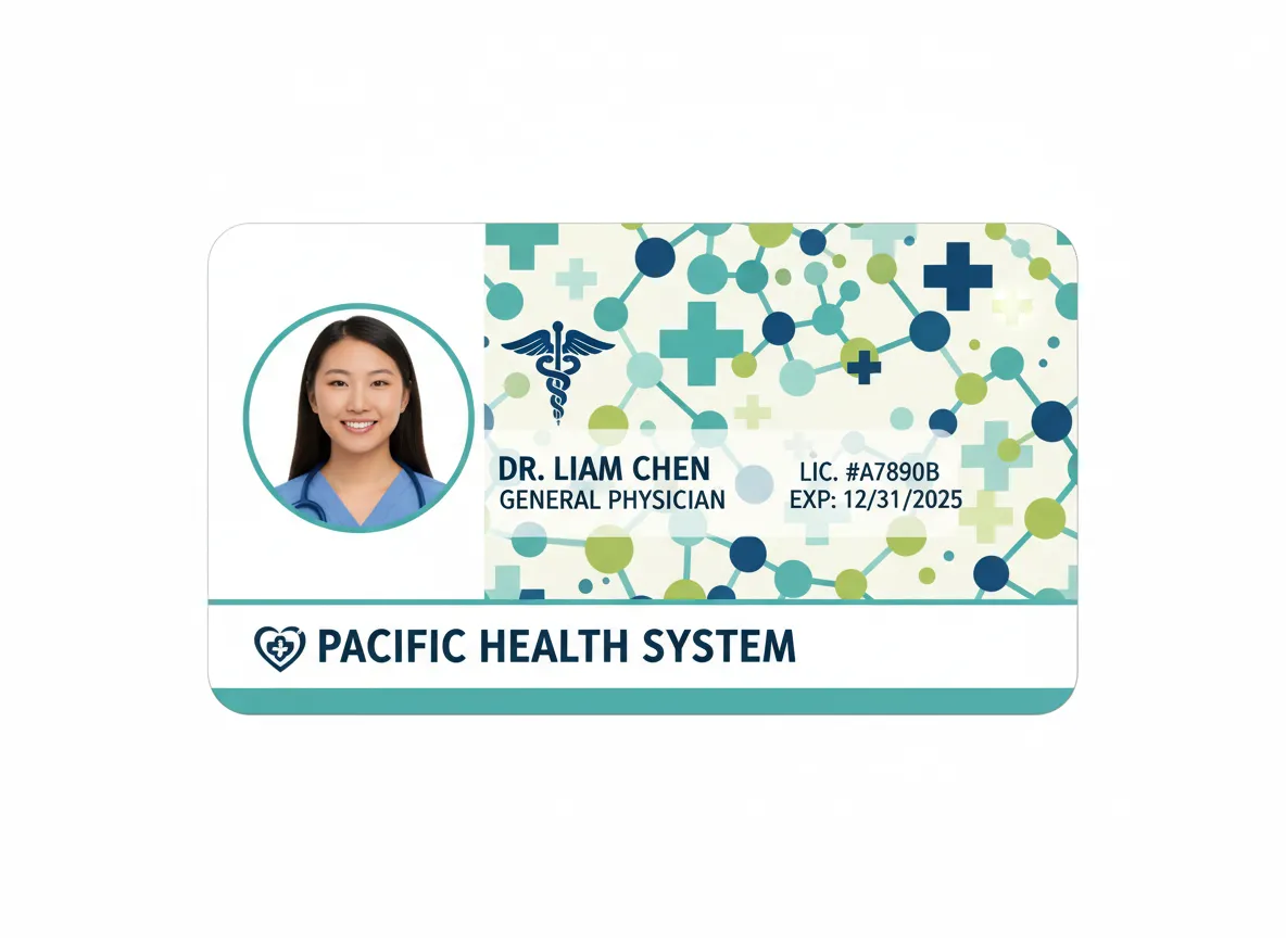 Employee identification badge, featuring health system theme background, round photo, person's name and title, license number and expiration.